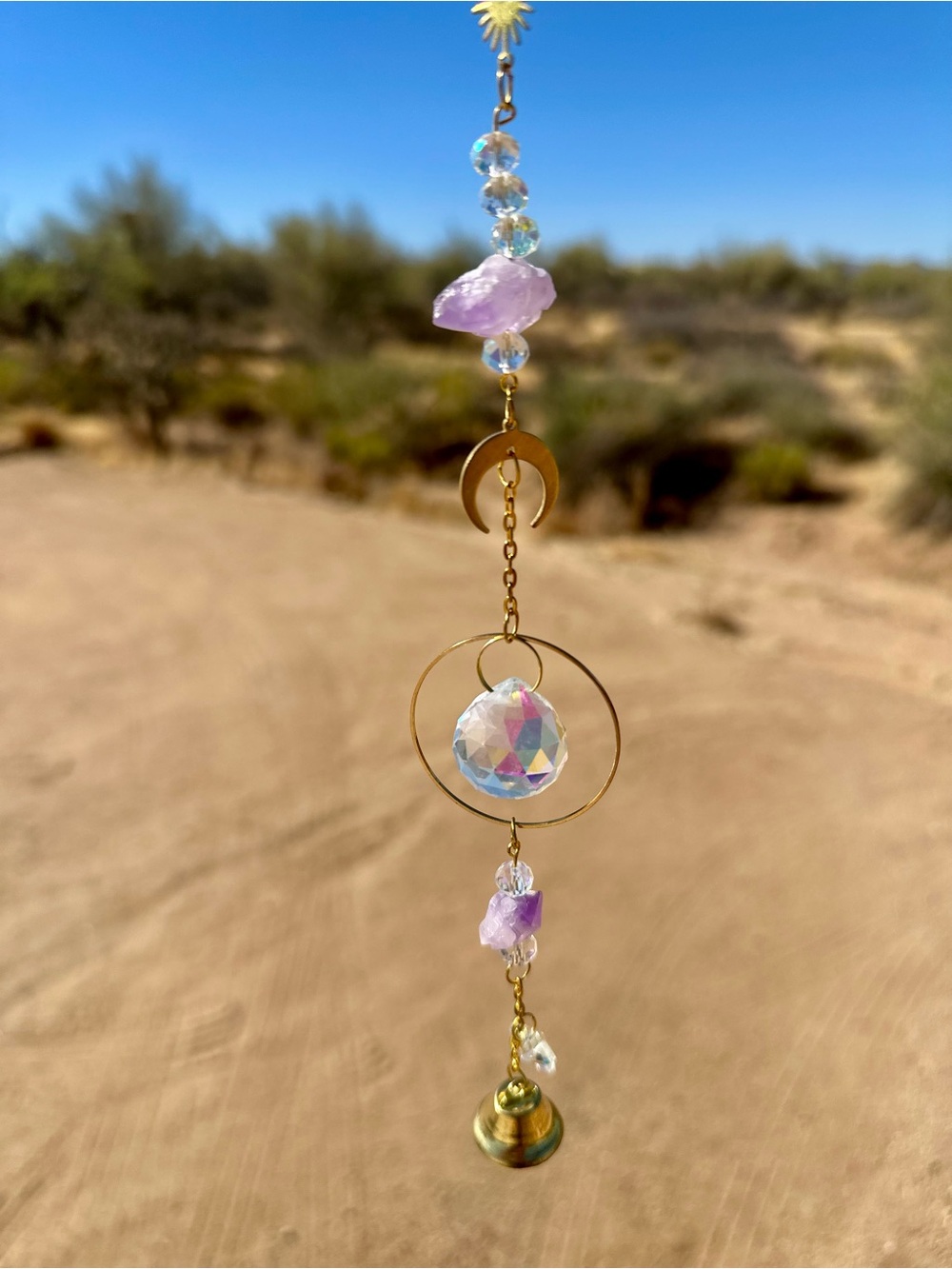 Gold Moon & Amethyst Crystal Pendant - Purple Crystal Sun Catcher